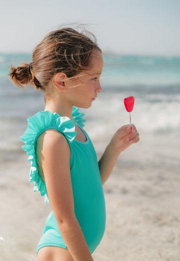ONE PIECE SWIMSUIT WITH RUFFLED BACK STRAPS, RECYCLED MINT