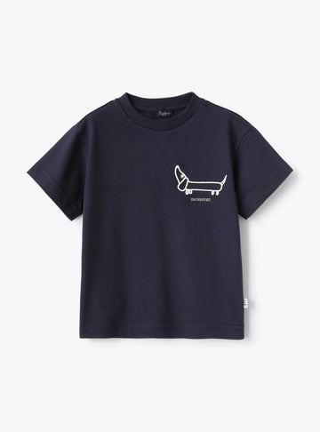 BLUE T-SHIRT WITH EMBROIDERED MILKY-WHITE DACHSHUND