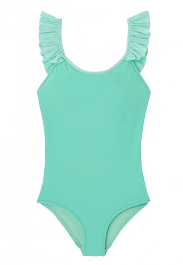 ONE PIECE SWIMSUIT WITH RUFFLED BACK STRAPS, RECYCLED MINT